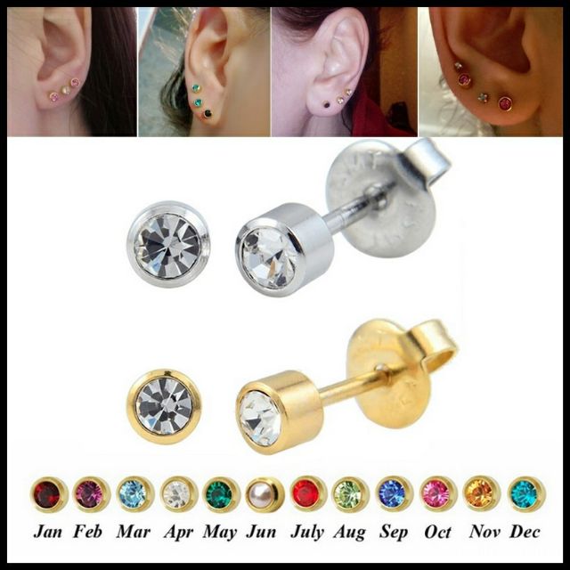 US 10K Pejantan Beruntung Birthstone Anting Zirkonia Reg 316L Anting Stainless Steel Anting Tindik