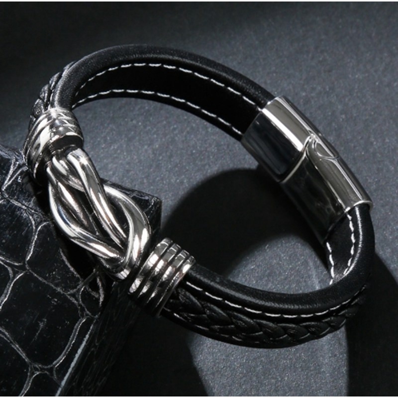 Men Bracelet Black Leather Stainless Steel Charm Magnet Buckle Bracelets Man Cross Knot Punk Jewelry