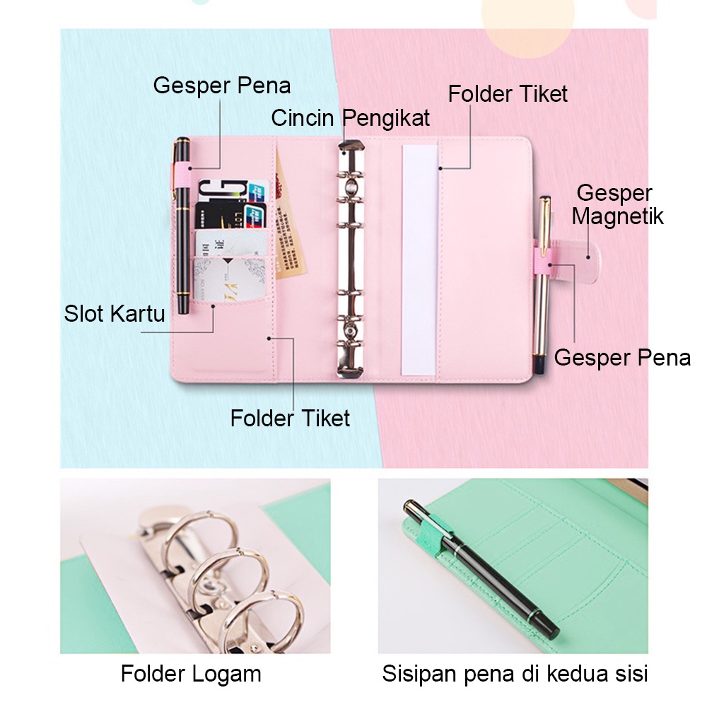 Binder Polos Buku Catatan Lucu A6 Notebook Binder Photocard Keuangan Zipper Storage Bag Loose Leaf Macaron Journal