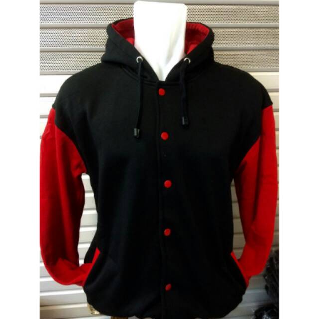 Jaket hoodie kancing polos warna hitam merah