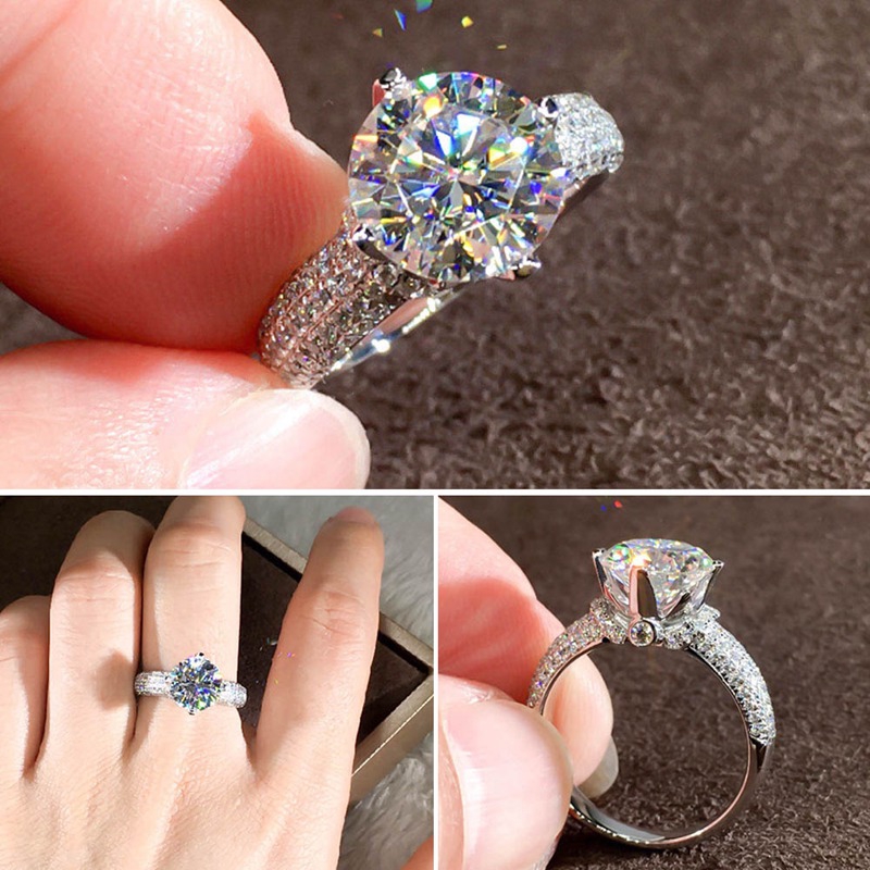 Cincin Lapis Emas Putih 18K Hias Berlian Moissanite Bulat untuk Wanita/Tunangan