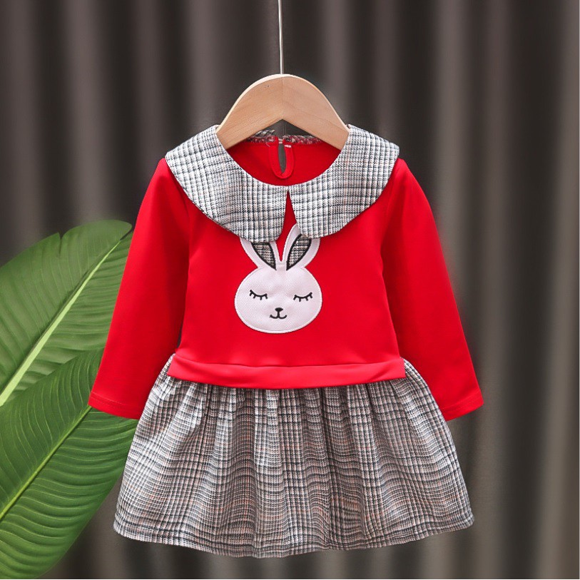112 Dress lengan panjang bayi /baju dress anak /pakaian bayi anak perempuan motif kelinci kotak-kotak