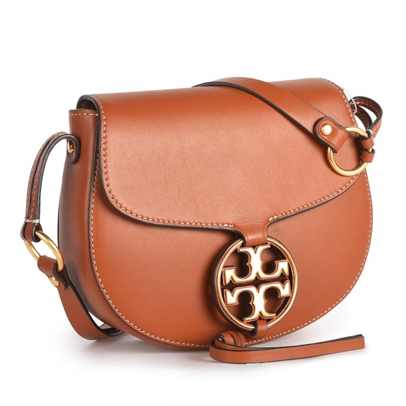 Tory Burch Miller Hollow Logo Leather Crossbody Saddle Bag (Small) Camel Coffee