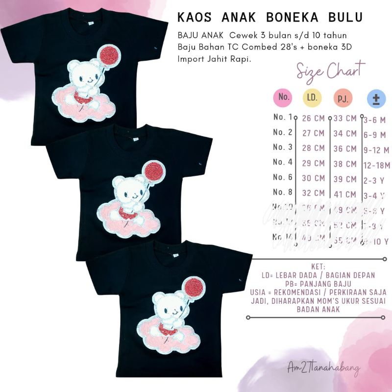 BAJU KAOS ANAK BONEKA BULU-BEAR 3 bulan s/d 6 tahun Merk AM27