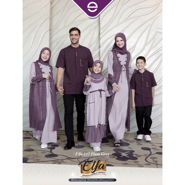 Satimbit Family Oremium Elfa 237 Plum Grey by Ethica|Gamis Polos mix Brukat Newah|Sarimbit Mewah Ter