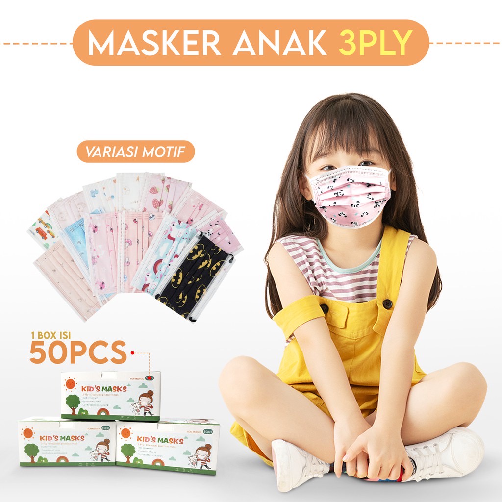 Masker anak 3 ply 3ply Kids Child mask motif Earloop 1box isi 50 Pcs