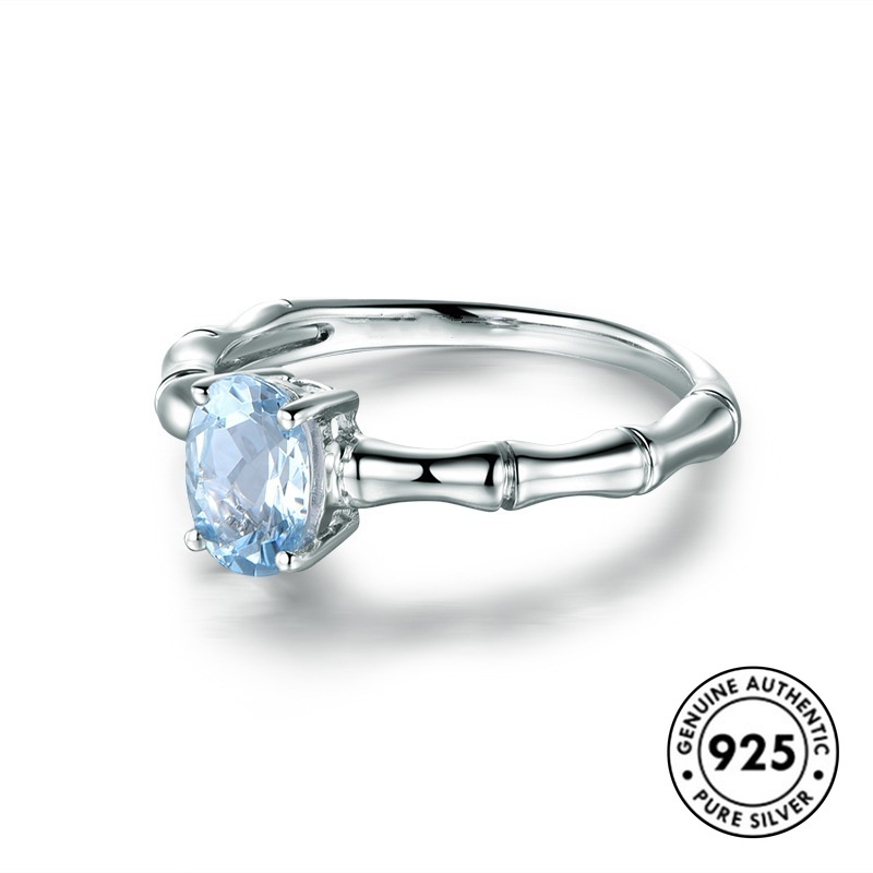 Cincin S925 Silver Desain Bambu Aquamarine