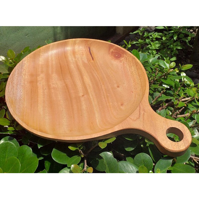 Piring teflon/nampan bulat gagang  25cm kayu mahoni