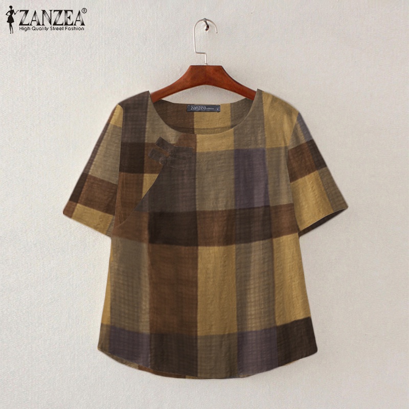 ZANZEA Womens Round Neck Check Plaid Short Sleeve Casual Loose Blouse