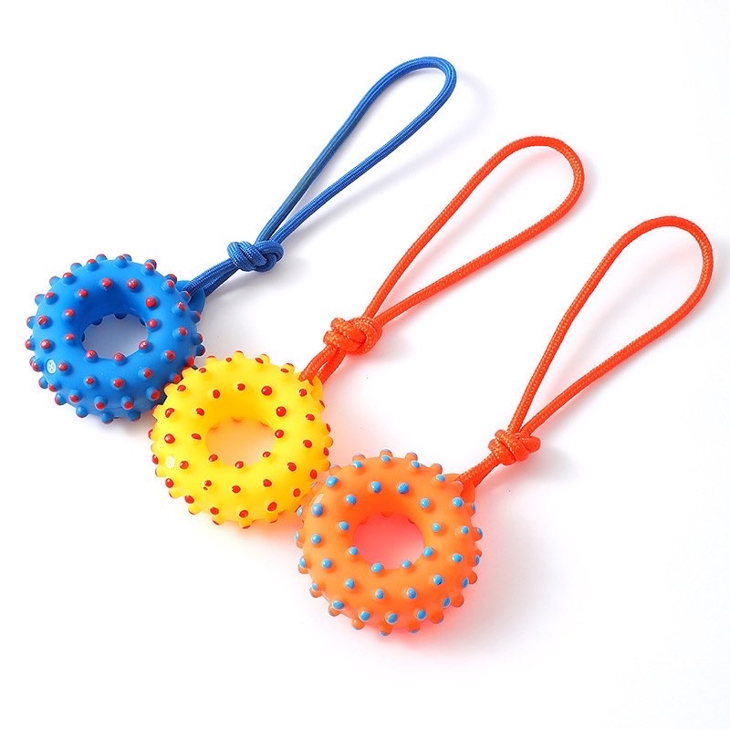 donut teething thorn ring with rope squeaky toy