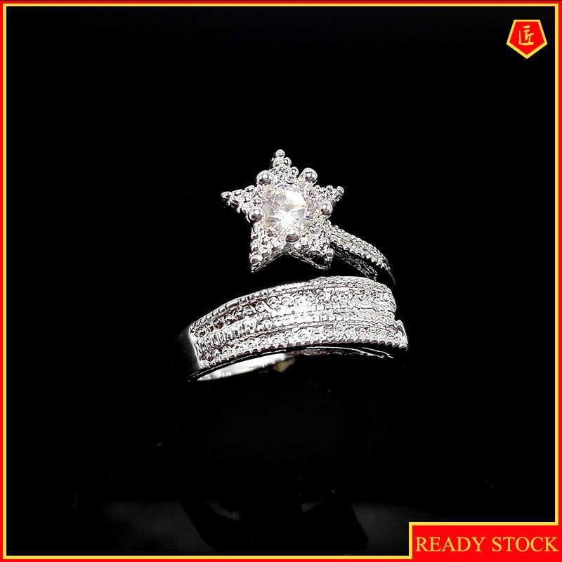 [Ready Stock]Silver Fashion Luxury Five-Pointed Star Diamond-Studded Ring