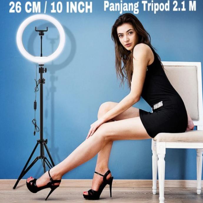 Paket Komplit Ringlight 26cm + Tripod 2,1 Meter Vlog Lampu Ringlight 3 Mode Cahaya 360 Derajat Ball Head