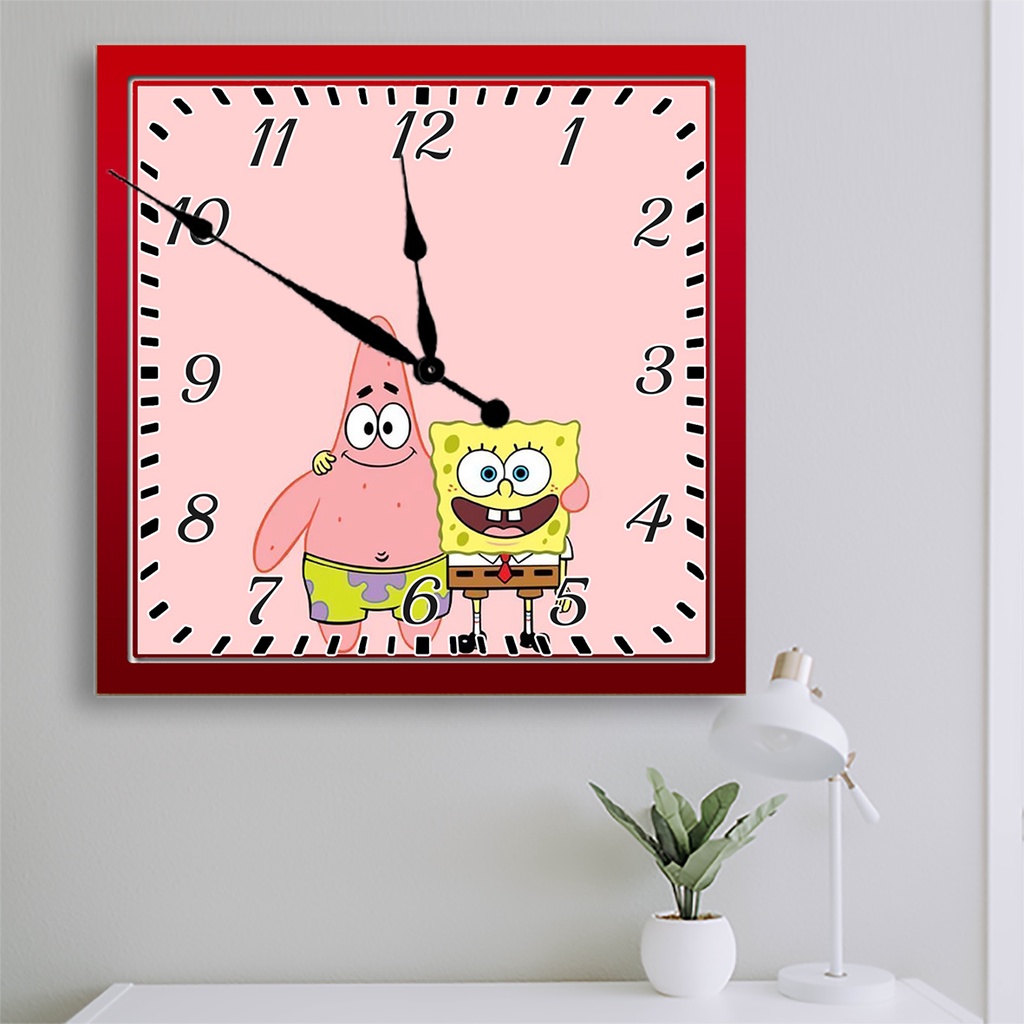 Jam dinding kayu kotak murah aestetik aman saat pengiriman shabby TEMA SPONGESBOB LUCU