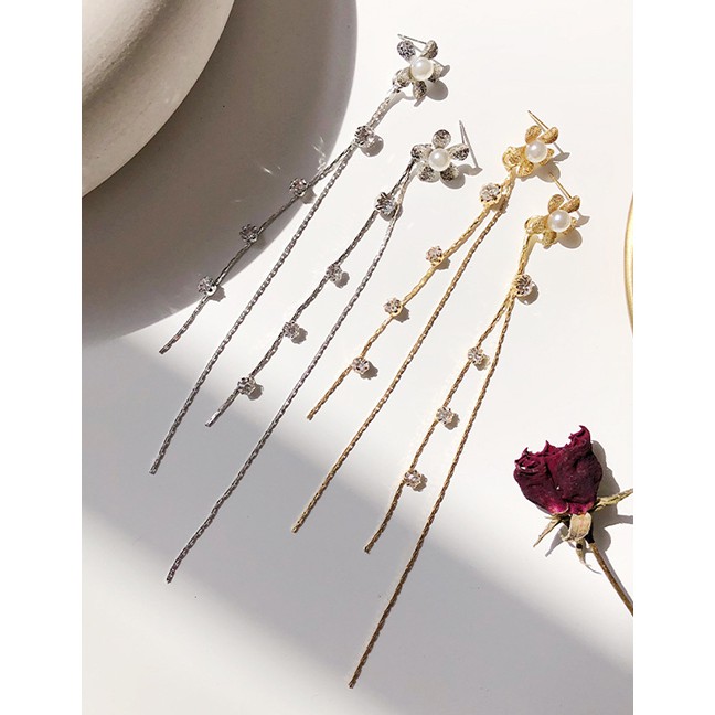 LRC Anting Tusuk Fashion Silver Flower Tassel Pearl Earrings F6213XX