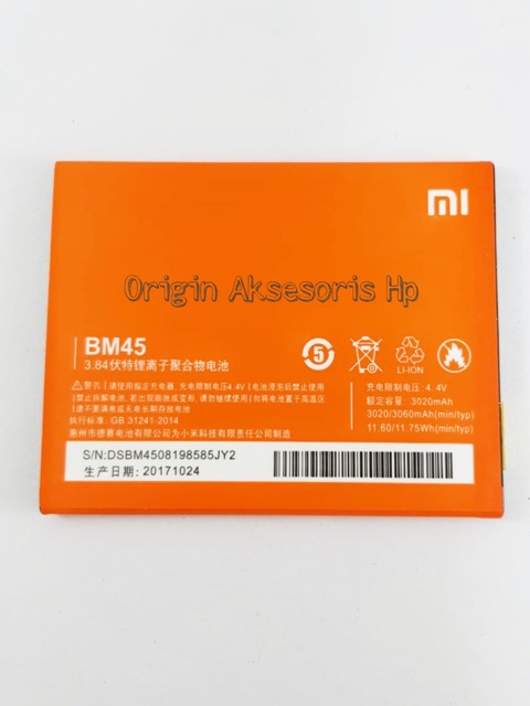 Baterai XIAOMI BM45 - Redmi note 2 - BM 45 Kualitas ORIGINAL 100% dc 88
