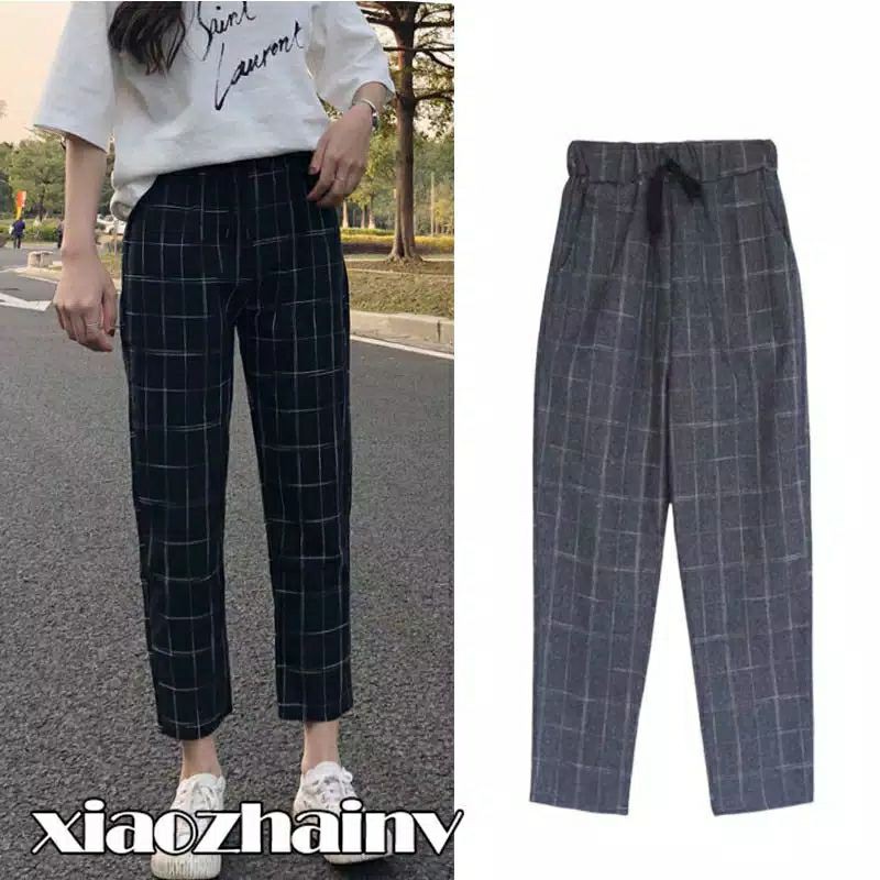  Celana  tartan motif kotak  kotak  bahan gabardin celana  