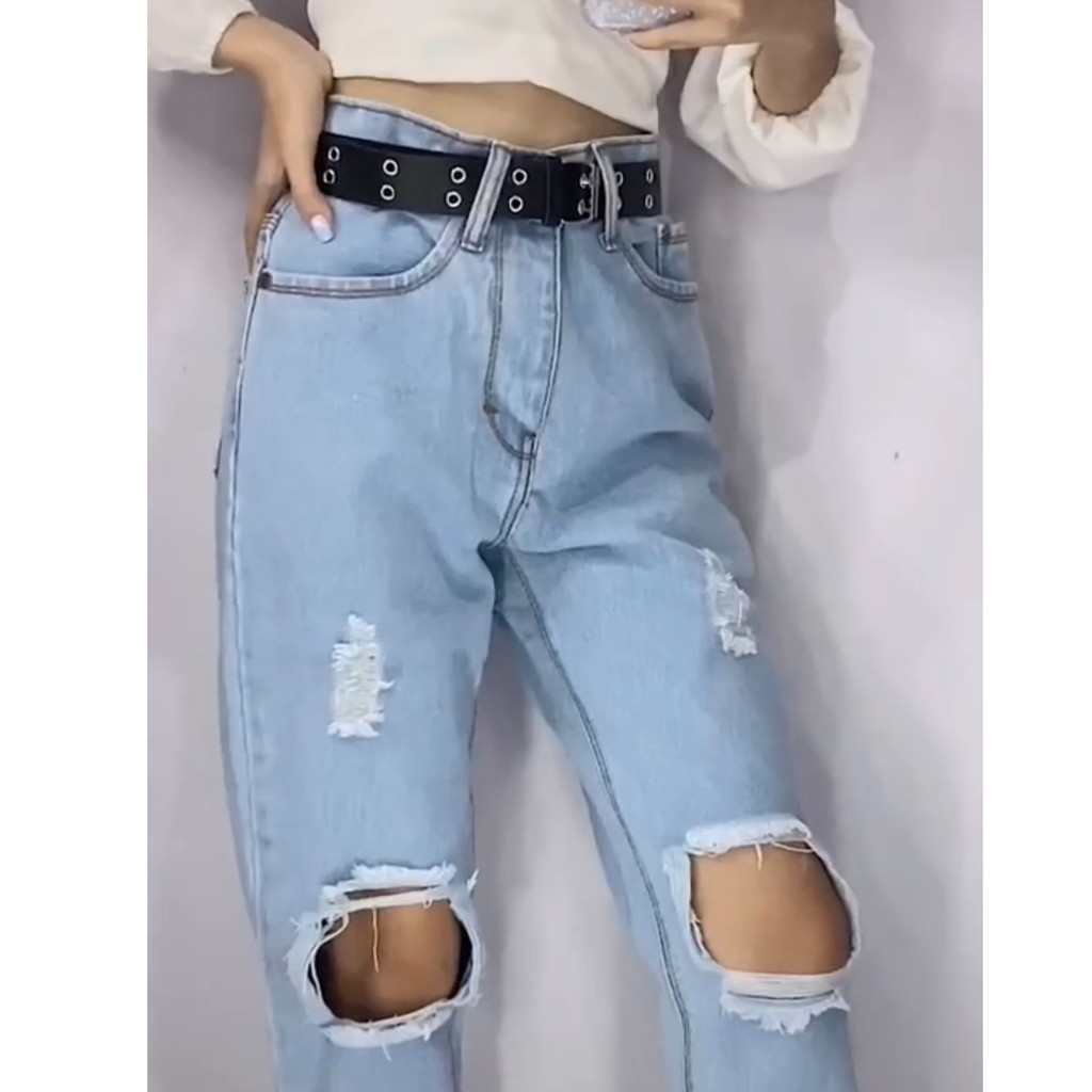 HOPYLOVY - Celana Boyfriend Jeans Wanita Sobek BF Distressed Monita