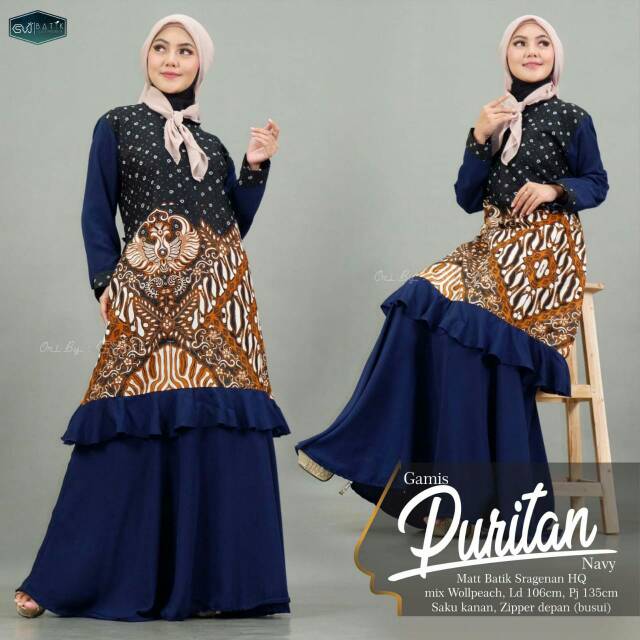 Gamis batik motif puritan navy bahan katun mix wolfis