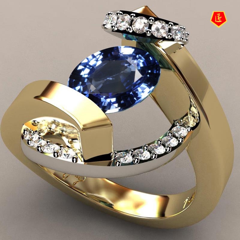 [Ready Stock]18K Gold Inlaid Sapphire Two-Tone Ring Creative Personality