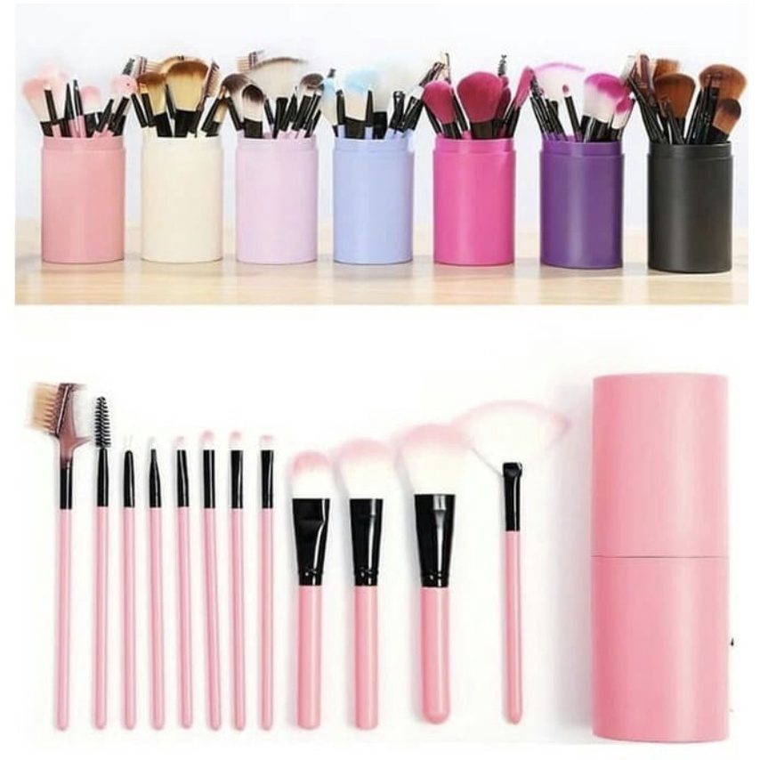 Kuas Make Up Brush 12 pcs Dengan Tabung Penyimpanan / 12pcs Brush Make Up Kuas Makeup + Set Tabung Lengkap Bulu Lembut Kuat &amp; Gagang Kokoh