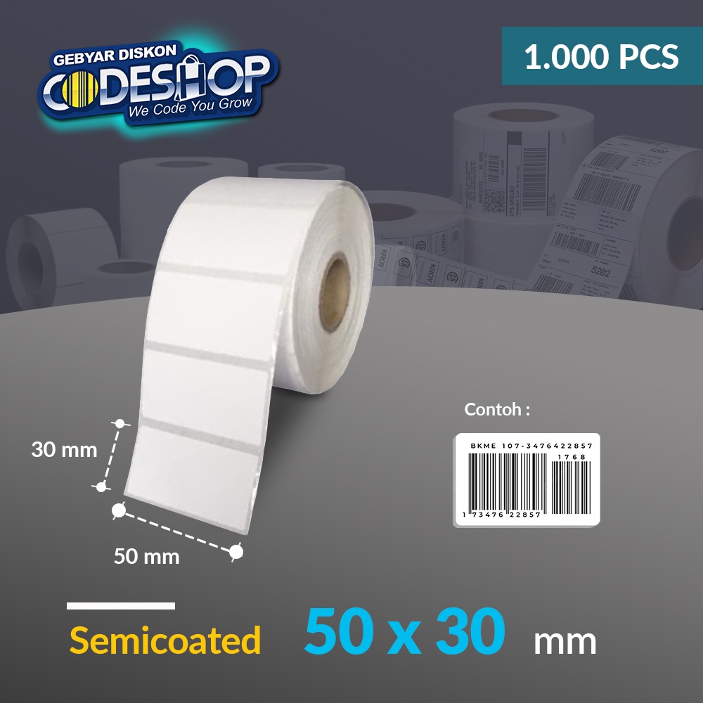 

Codeshop Label Semicoated 50 x 30 mm 1 Line Stiker Printer Barcode Core 1 Inch isi 1000 Pcs