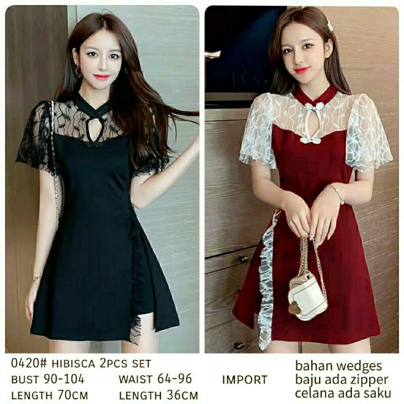 ST Set Stelan Dress Celana Wedges 0420 CNY Hibisca 2pcs Import