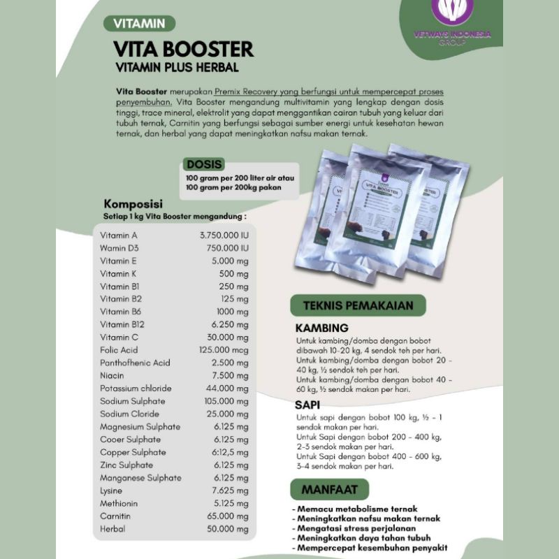 VITA BOOSTER | Multivitamin Penambah Nafsu Makan dan Mempercepat Penyembuhan Penyakit Pada Sapi Kambing Domba | Apoternak