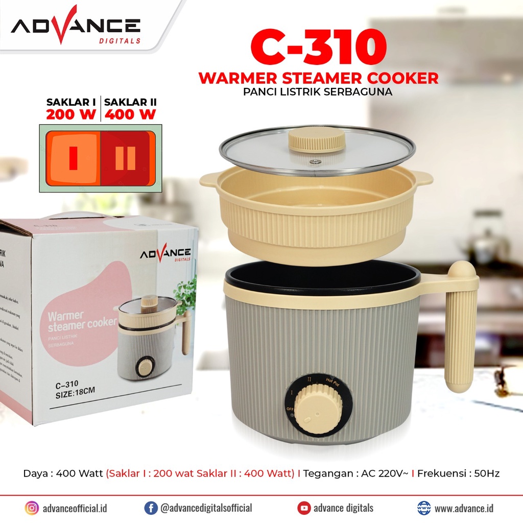 Panci listrik Advance C310 / C 310 dengan steamer dan tutup kaca