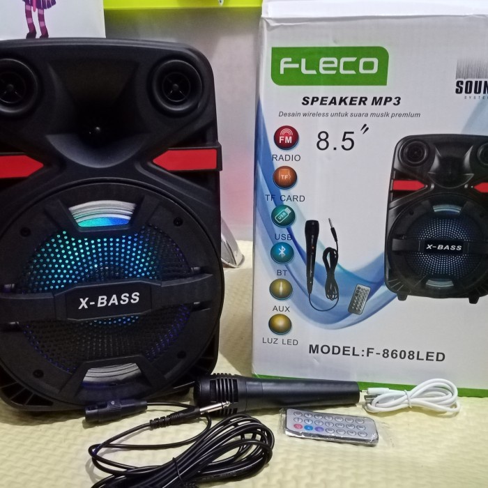 Speaker Bluetooth Fleco F-8607 LED 8.5&quot; Speaker Karaoke Free Mic