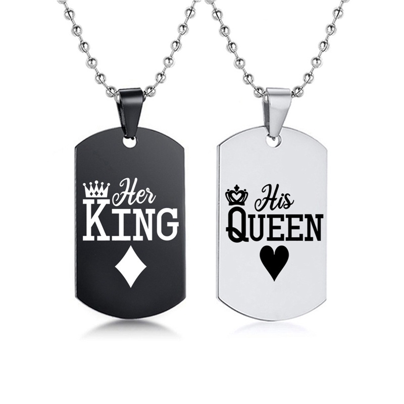 Fancyqube 2pcs / Set Kalung Tag Ukir Tulisan Her King His Queen Warna Hitam Untuk Hadiah Valentine