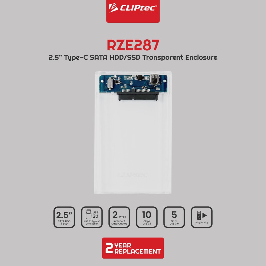 Casing HDD/SSD 2.5 Inch SATA Type-C USB 3.0 Transparant CLIPtec RZE287