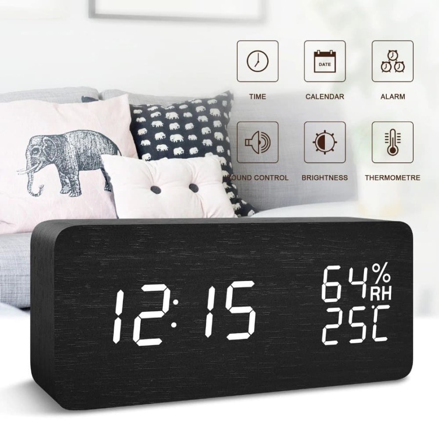 Jam Meja Digital LED Clock Temperature Humidity Control - SQ70 - Black