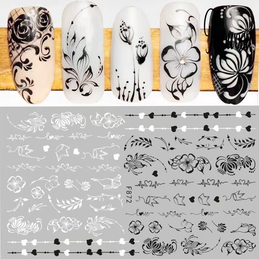 Twowood Stiker Kuku Motif Bunga / Kupu-Kupu Hitam Putih Untuk Nail Art / Manicure DIY Butterfly