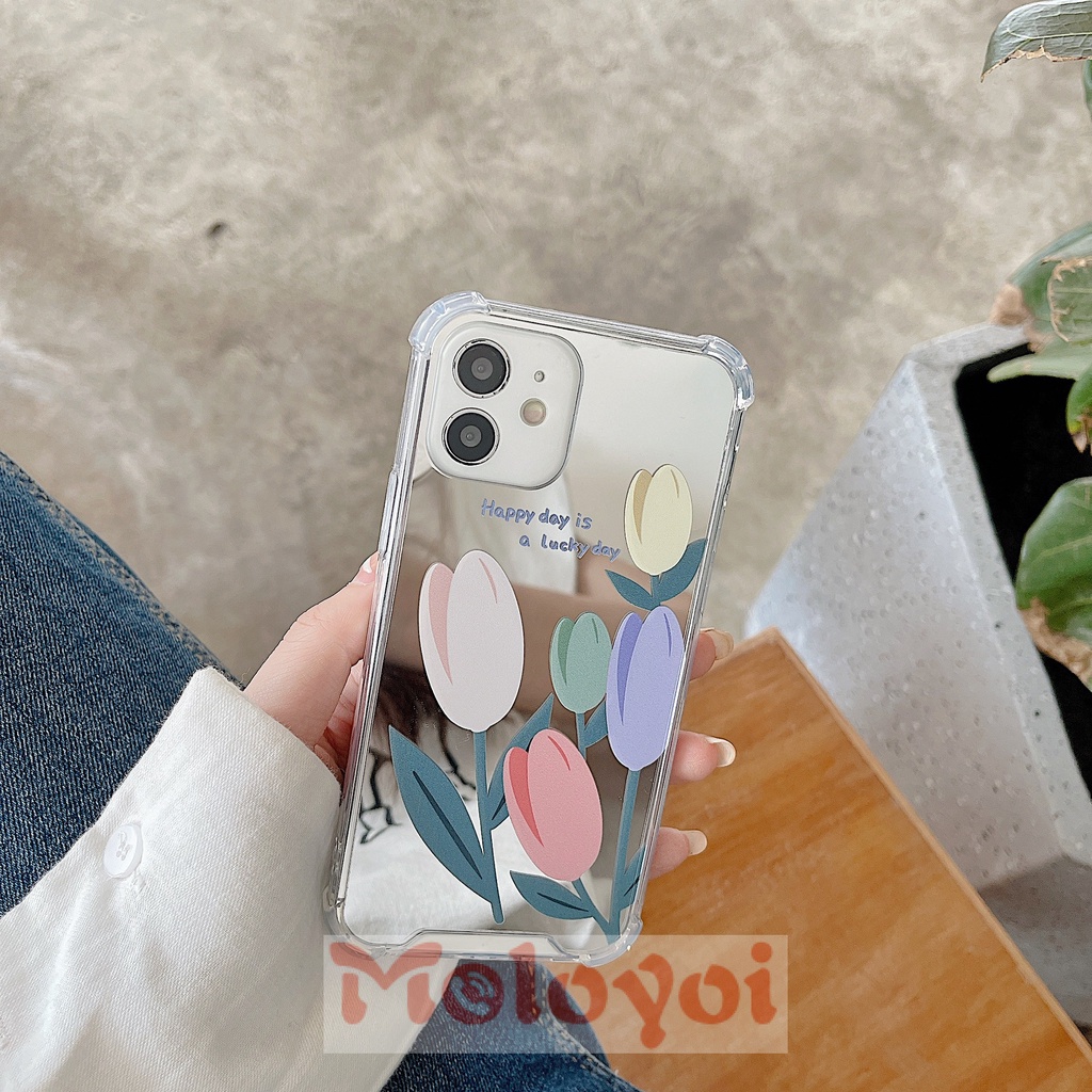 Soft Case Tpu Motif Bunga Tulip Dengan Cermin Untuk IPhone 11 Pro Max 7 8 13 11 12 Pro Max 7 Plus 8 Plus X XS Max XR SE 2020