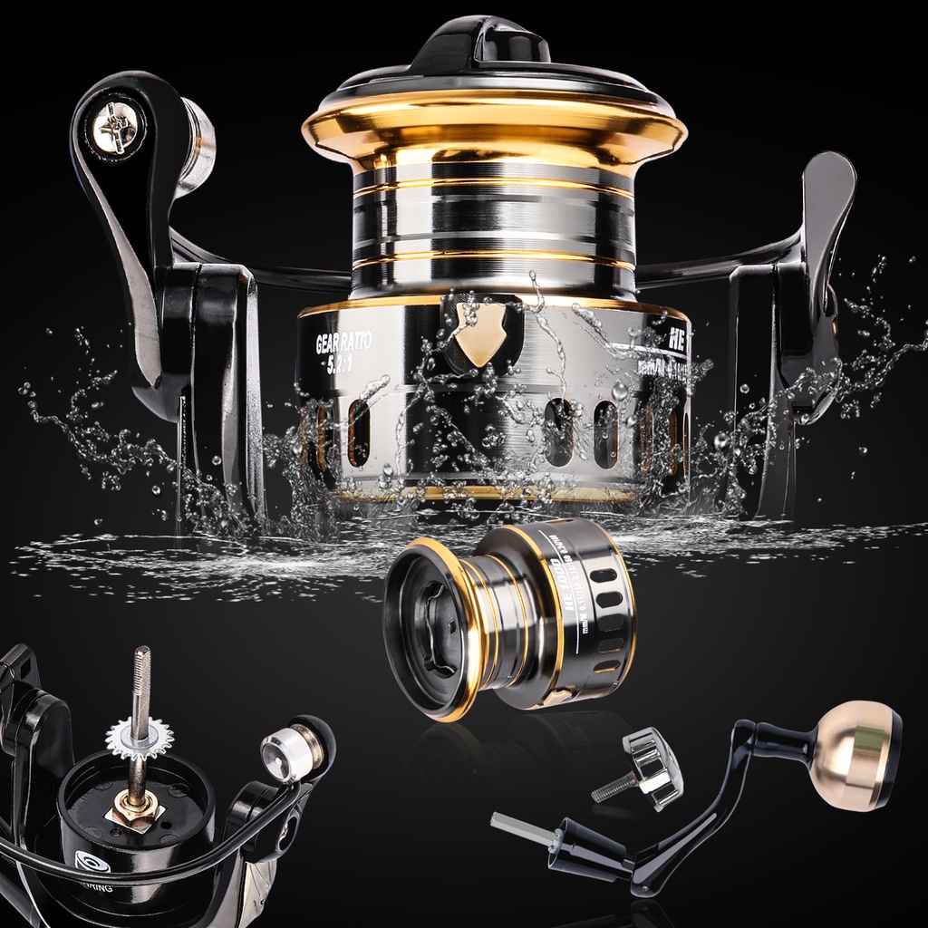 Reel Pancing Pemintalan Lipat Super Kuat Kiri Kanan Pegangan EVA Logam yang Dapat Diganti-ganti Rasio 5.2: 1 12 Bantalan Bola Seri 1000 2000 3000 Seri Logam Spool Spinning Wheel untuk Memancing Ikan Mas di Danau Air Tawar Air Asin