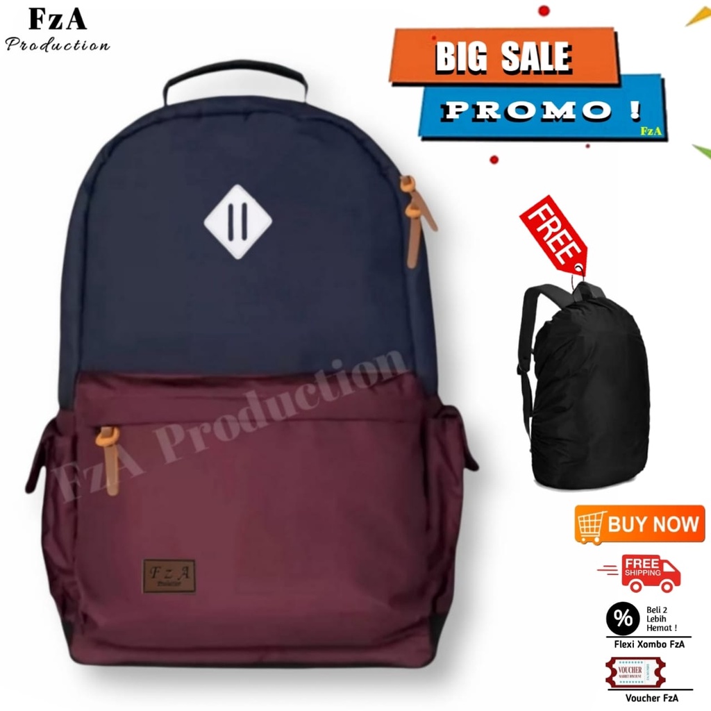 Tas Ransel Gendong Laptop Distro Sekolah Kuliah Pria Wanita Black Murah Original FzA FREE Raincoat nml