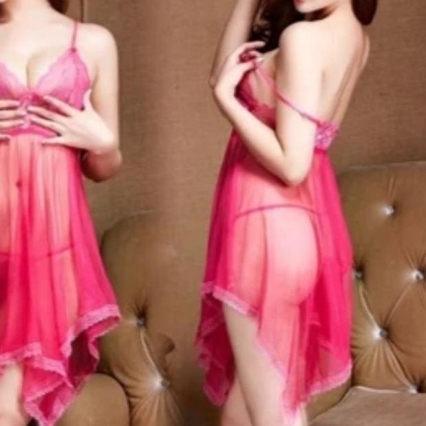 ♦ Big Size fit XL Lingerie Dress Set + G String Wanita Transparan Lace Renda V Neck ☉