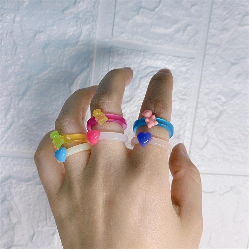Agustinina Bear Cincin Resin 2pcs/set Gadis Geometris Transparan Manis Untuk Wanita Fashion Jewelry