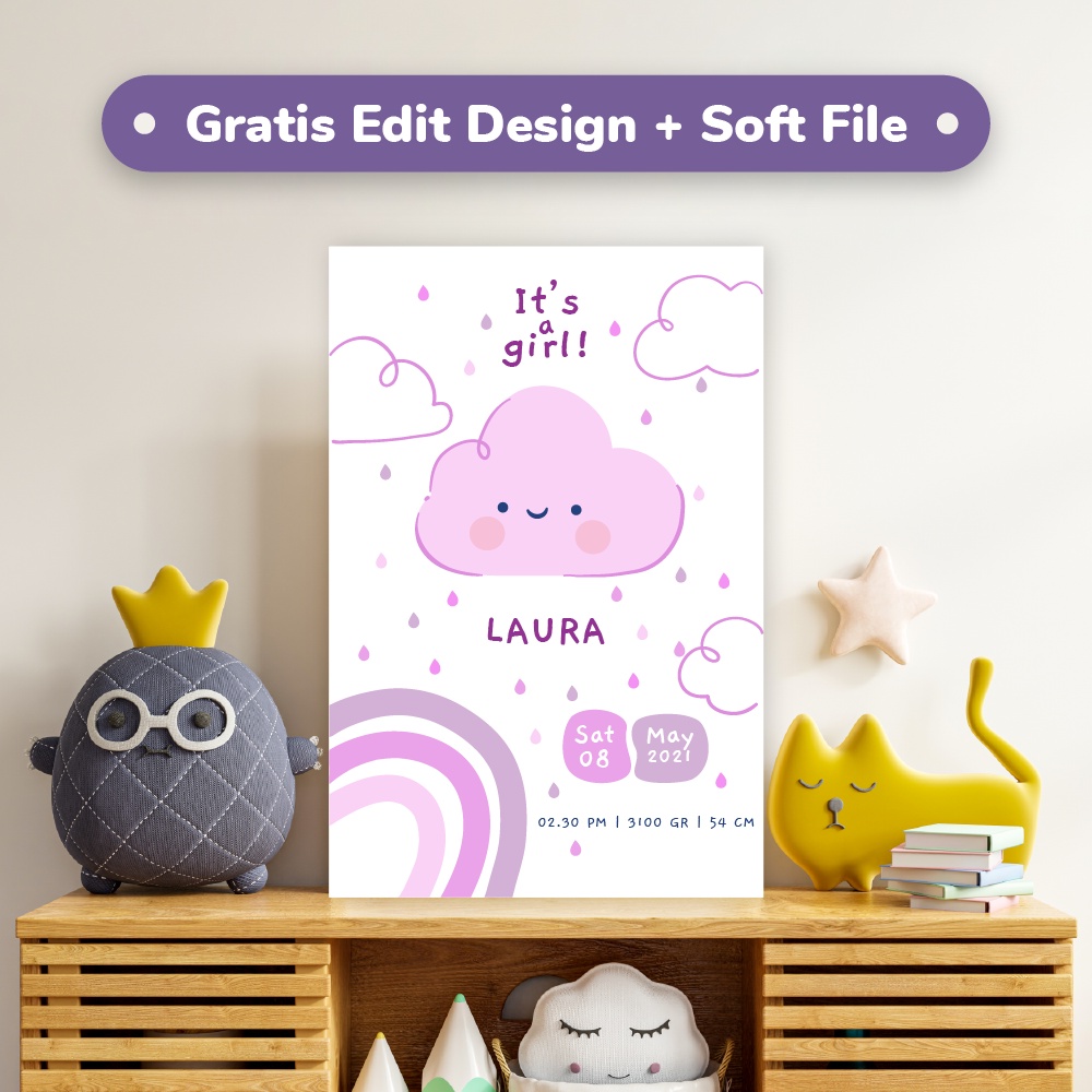 Hiasan Dinding Dekorasi Dinding Biodata Anak Bayi Perempuan Custom Kamar Tidur Bayi Cewek Kado Hadia