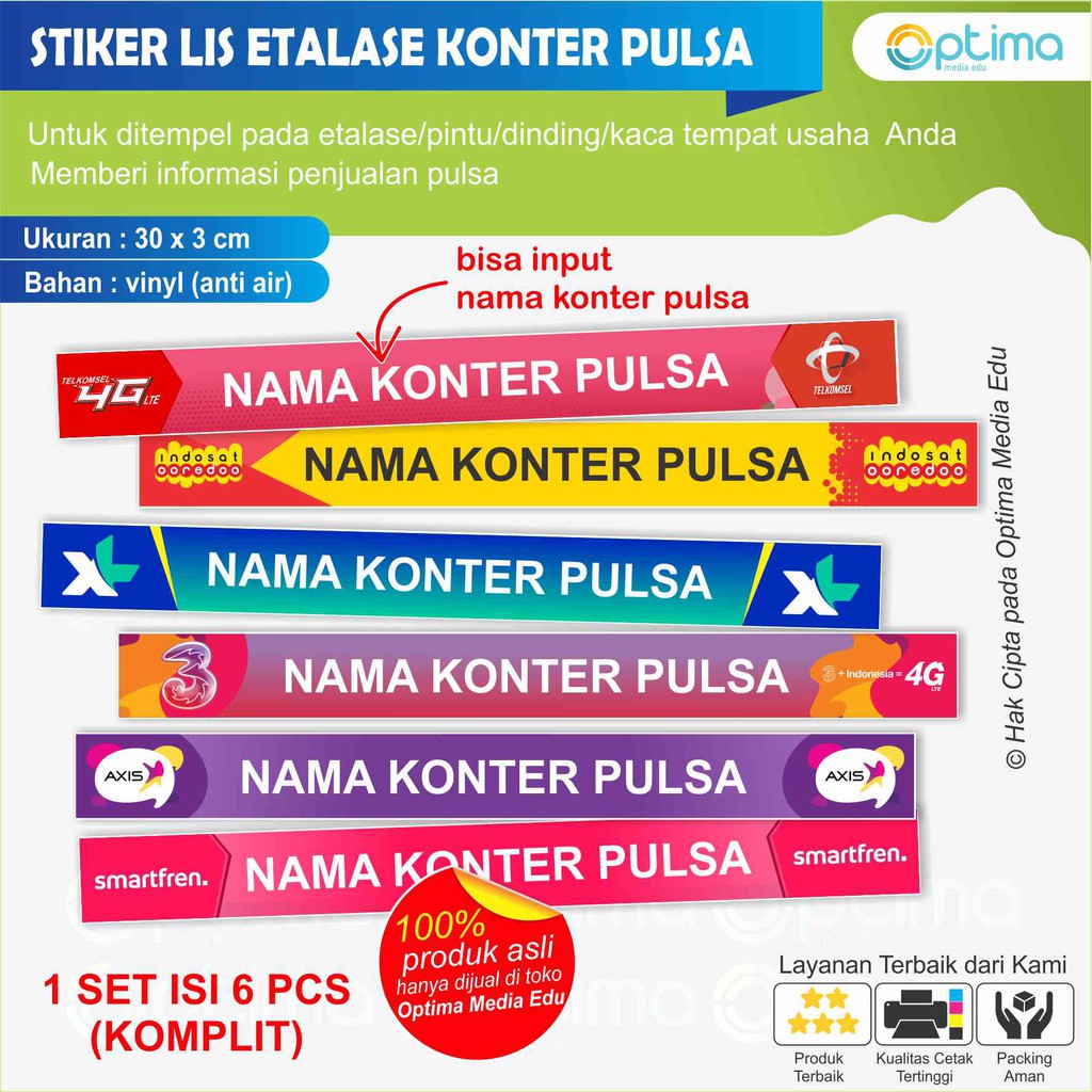 

STIKER LIS ETALASE KONTER PULSA 3 X 30 CM ISI 6 PCS BISA INPUT NAMA KONTER/TOKO