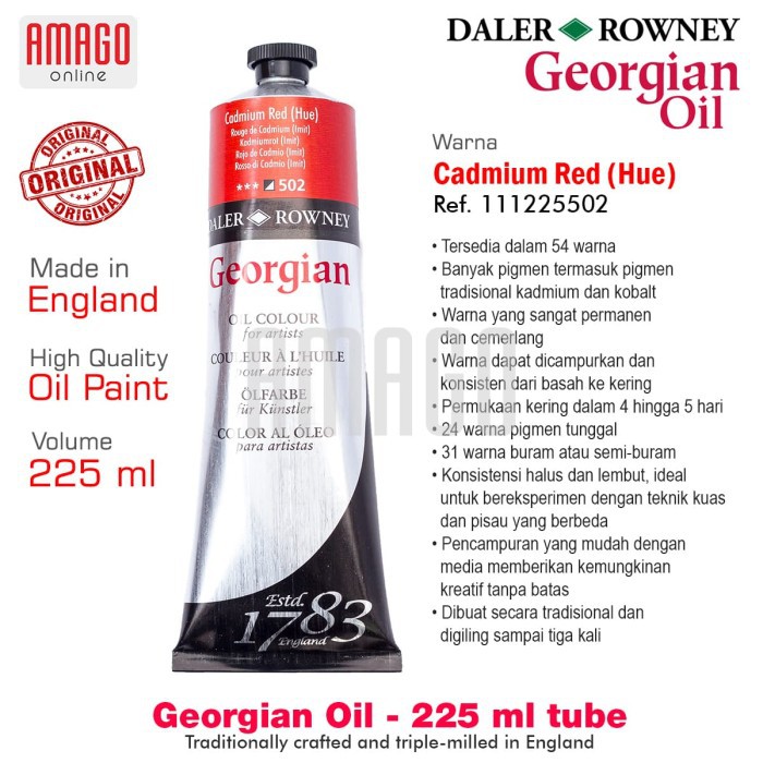 

DALER-ROWNEY Georgian Oil Paint 225 ml - Cat Minyak Lukis - Cadmium Red Hue - 111225502