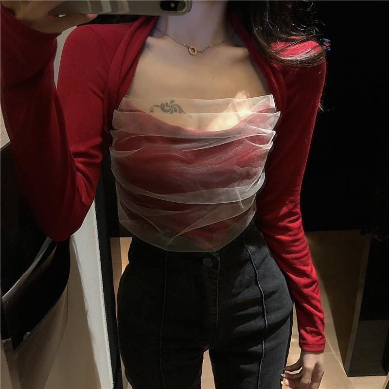 Hong Kong rasa leher persegi mesh jahitan top body repair bottoming kemeja T-shirt wanita