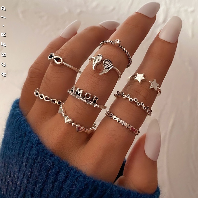 9 Pcs / Set Cincin Desain Sayap Malaikat Bintang Hati Tulisan AMOR 8 Untuk Aksesoris Perhiasan Wanita