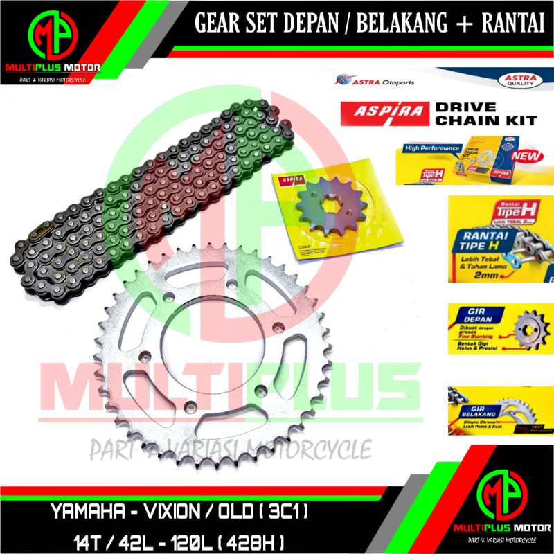 Gir Ger Gear set Girset Gerset depan belakang rantai paket ASPIRA,VIXION,VIXION OLD,VIXION LAMA