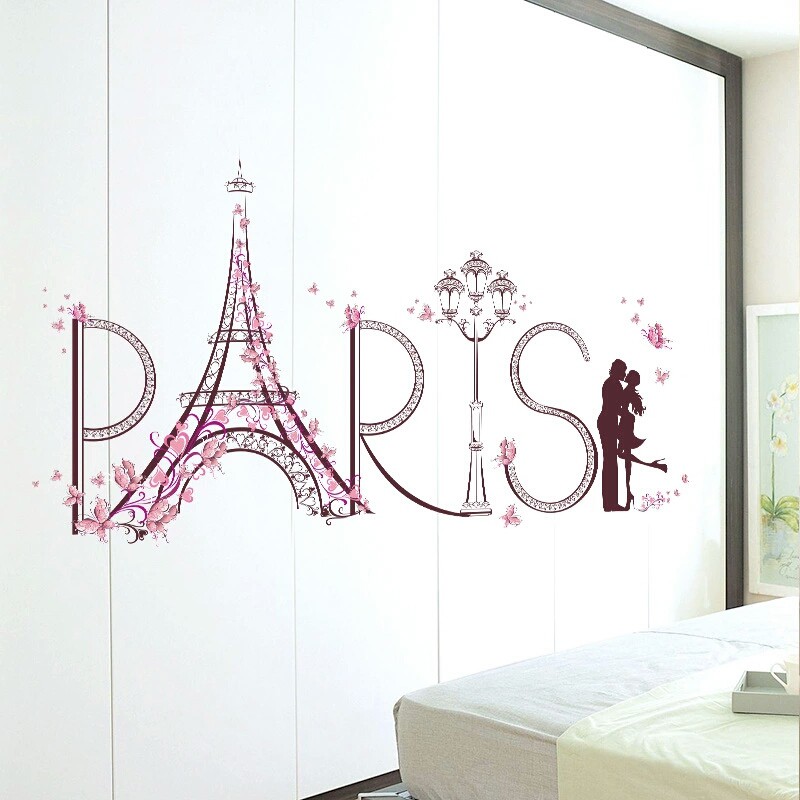 RELIZA WALL STICKER TOWER PARIS EIFFEL ROMANTIS PINK COUPLE KISS STIKER DINDING SK9007