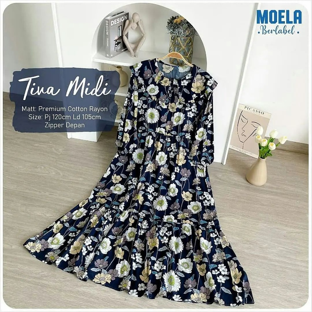 Tiva Midi Dress Rayon Ld 110 cm Gamis Motif Bunga Premium Homey Dress