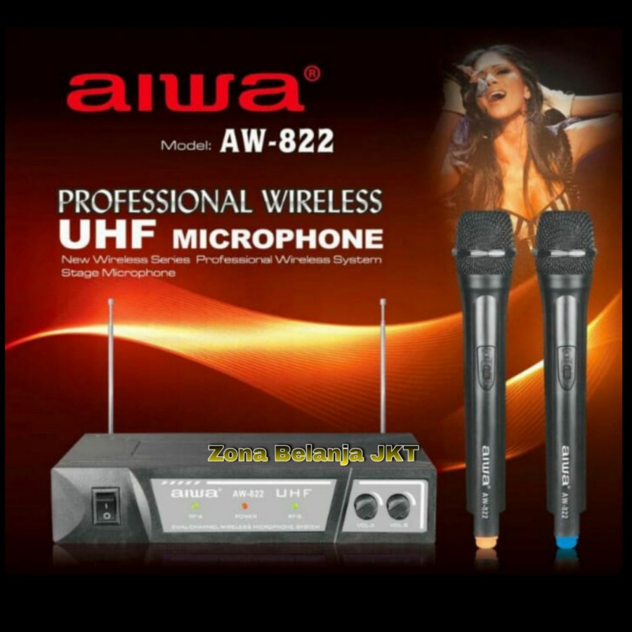 Microphone Mic Wireless Aiwa AW-822 Dual Handle Mic Tanpa Kabel