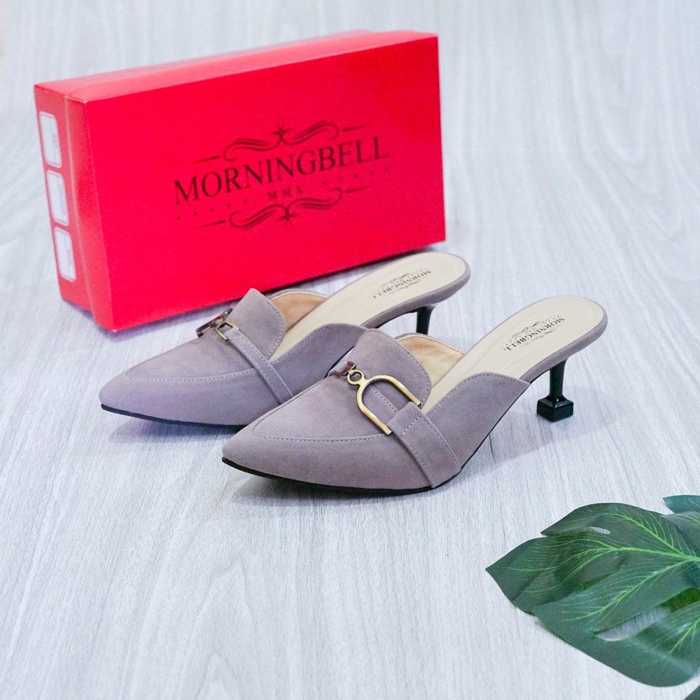 morningbell - high heels sandal wanita mules suede 5cm