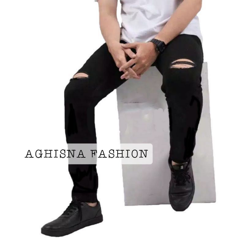 CELANA JEANS SOBEK PANJANG RIPPED PRIA SNOW HITAM BLITZ
