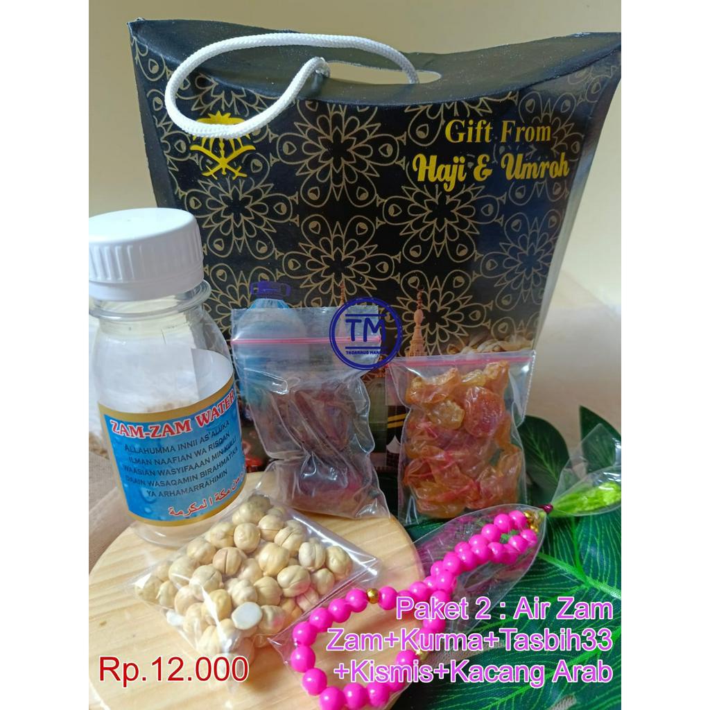 NEW PAKET SOUVENIR OLEH-OLEH HAJI &amp; UMROH Kemasan Kardus Isi Air Zam-zam 80 ml Kurma Kacang Arab Kismis Cokelat Kerikil Tasbih 33